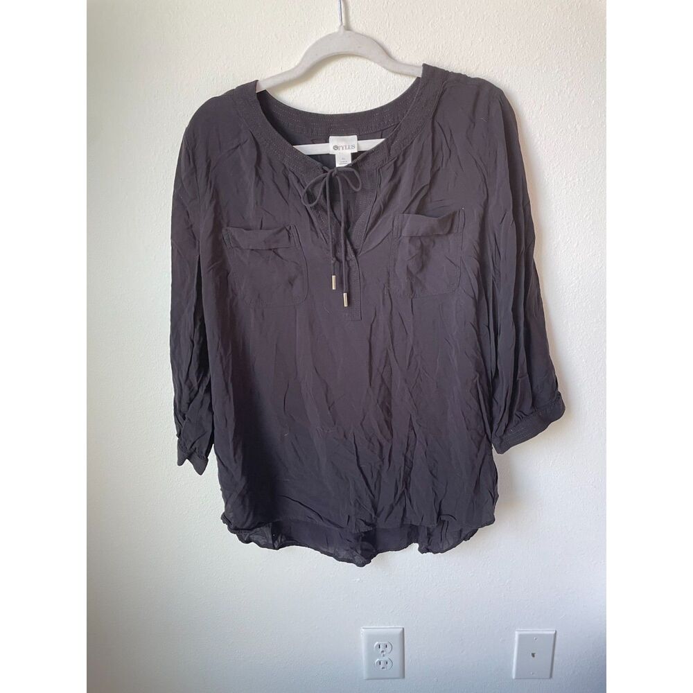 Fairy grunge black peasant blouse XL - Stylus rayon tie neck top boho